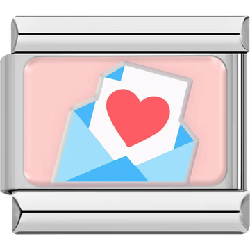 Blue envelope with a card showing a red heart on a soft pink background